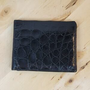 Vintage Bi Fold Wallet Mens Black Croc Embossed Soft Leather Cash Card Slots